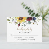 Zonnebloem Bourgondië Rozen Marineblauw Rustieke T RSVP Kaartje (Staand voorkant)