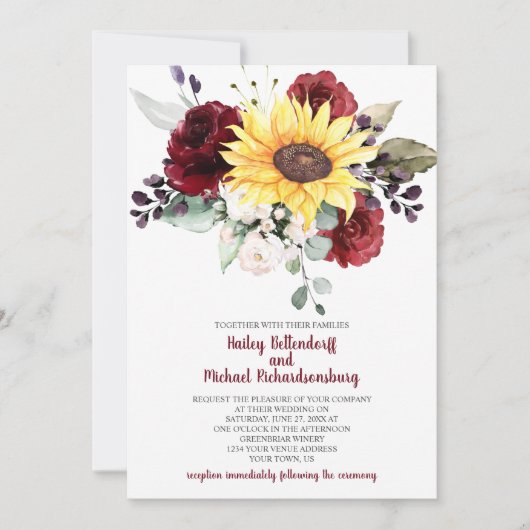 Zonnebloem Bourgondische Rozen groen bruiloft Kaart (Voorkant)