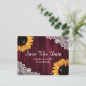 Zonnebloem Bourgundy Wood Rustic Save the Date Briefkaart (Staand voorkant)