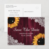 Zonnebloem Bourgundy Wood Rustic Save the Date Briefkaart (Voorkant / Achterkant)