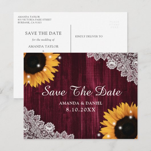 Zonnebloem Bourgundy Wood Rustic Save the Date Briefkaart (Voorkant / Achterkant)