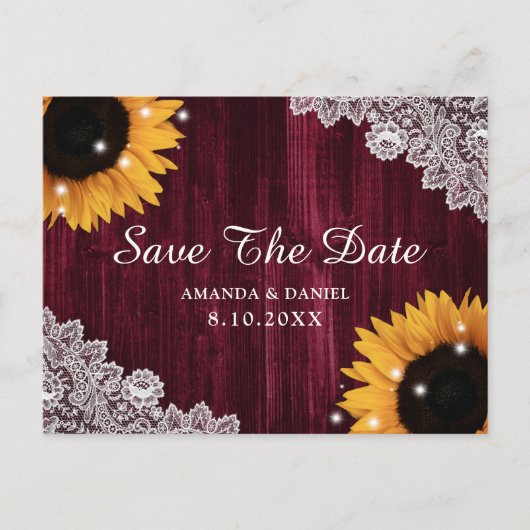 Zonnebloem Bourgundy Wood Rustic Save the Date Briefkaart (Voorkant)