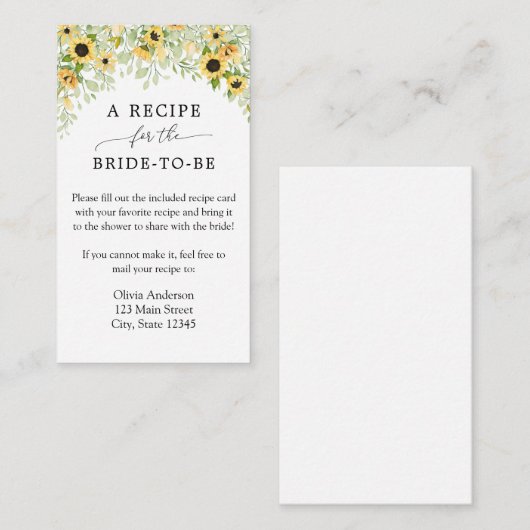 Zonnebloem Bridal Recipe Enclosure Card Informatiekaartje (Voorkant / Achterkant)
