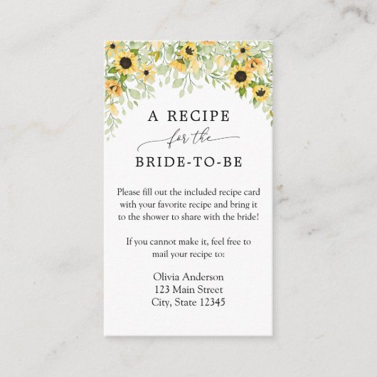 Zonnebloem Bridal Recipe Enclosure Card Informatiekaartje (Voorkant)