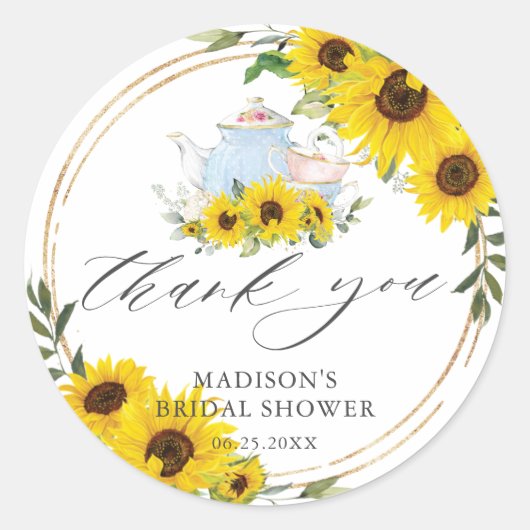 Zonnebloem Bruids Baby shower Tea Party Dank u Ronde Sticker (Voorkant)