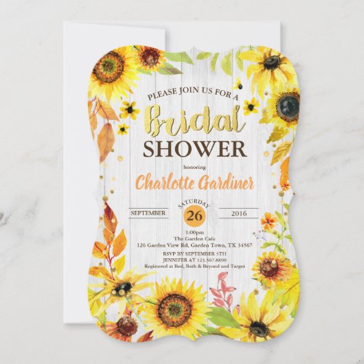 Zonnebloem bruids douche uitnodiging rustiek hout (Voorkant)