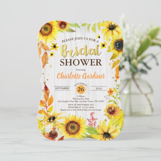 Zonnebloem bruids douche uitnodiging rustiek hout (Staand voorkant)