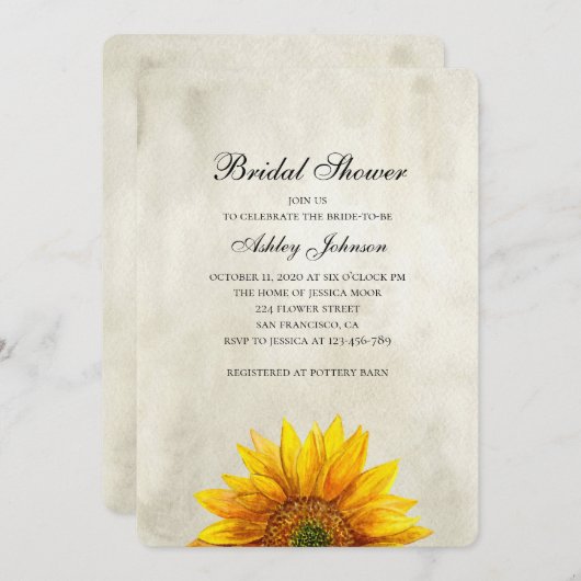 Zonnebloem bruids douche uitnodiging. Rustieke blo Kaart (Voorkant / Achterkant)