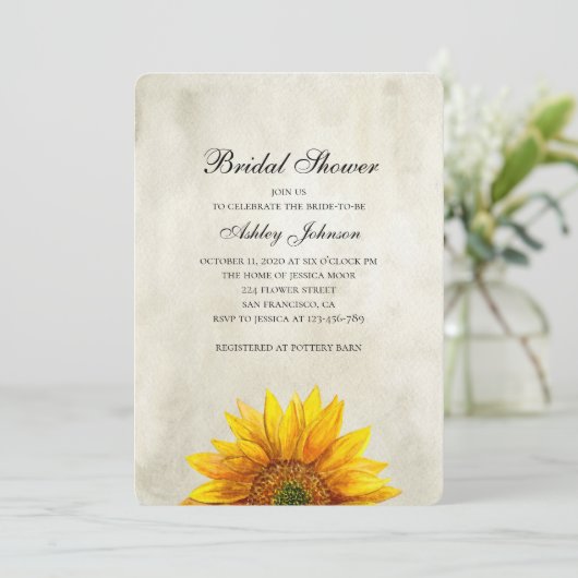 Zonnebloem bruids douche uitnodiging. Rustieke blo Kaart (Staand voorkant)