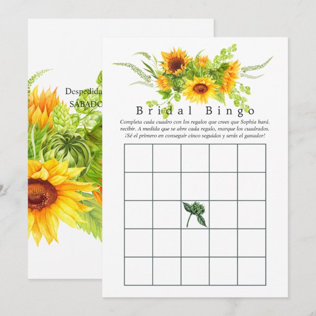 Zonnebloem Bruidsbruiloft Bingo (Voorkant / Achterkant)