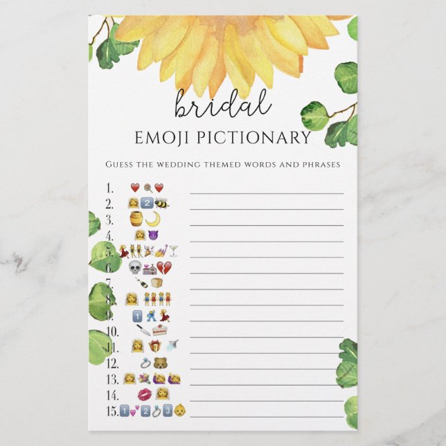 Zonnebloem bruidsbruiloft emoji pictionary spel (Voorkant)