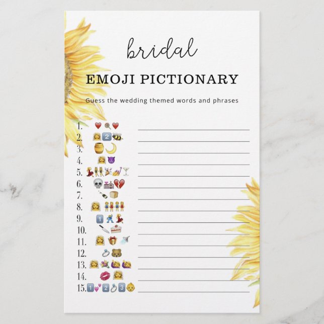 Zonnebloem bruidsfeest emoji pictionary spel (Voorkant)