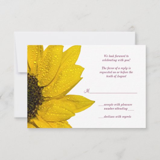 Zonnebloem bruiloft antwoord Kaart - Wijn en Geel (Achterkant)