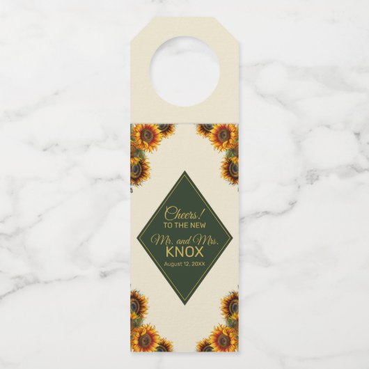 Zonnebloem Bruiloft Bos Groen & Goud Flessenhanger (Voorkant)