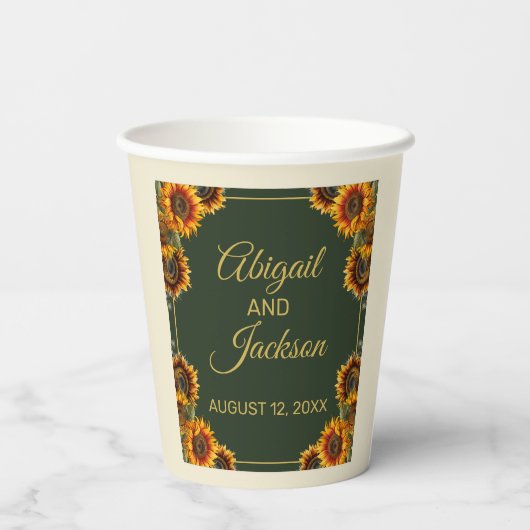 Zonnebloem Bruiloft Bos Groen & Goud Papieren Bekers (Achterkant)