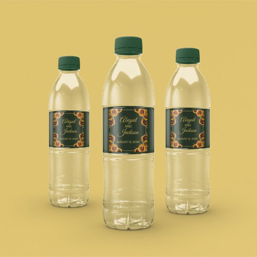 Zonnebloem Bruiloft Bos Groen & Goud Waterfles Etiket
