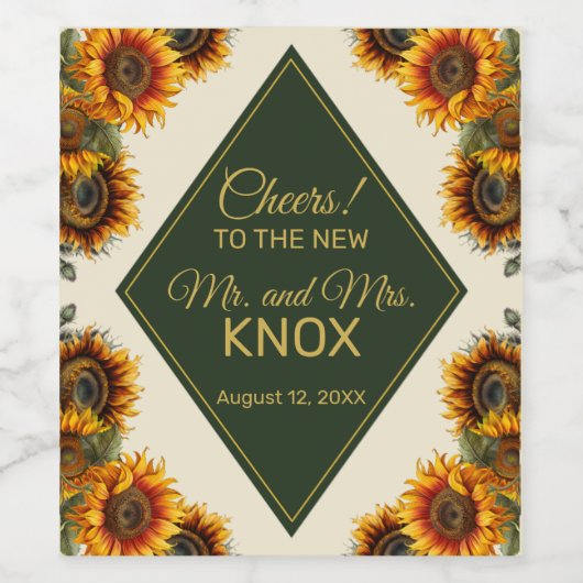 Zonnebloem Bruiloft Bos Groen & Goud Wijn Etiket (Enkel label)