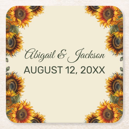 Zonnebloem bruiloft bos groen rustiek kartonnen onderzetters (Voorkant)
