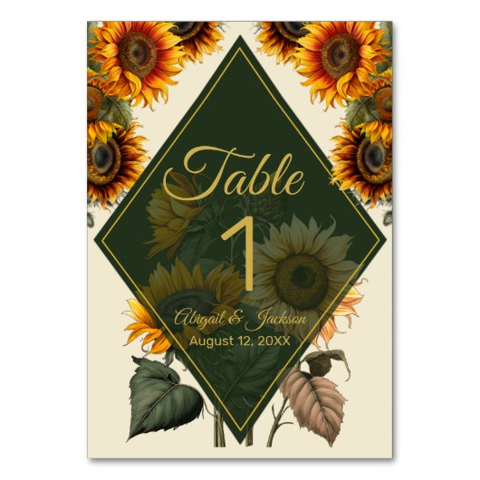 Zonnebloem Bruiloft Bos Groene & Gouden Tafel Kaar Kaart (Voorkant)