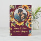 Zonnebloem Bruiloft Burgundy All in One Foto Kaart (Staand voorkant)