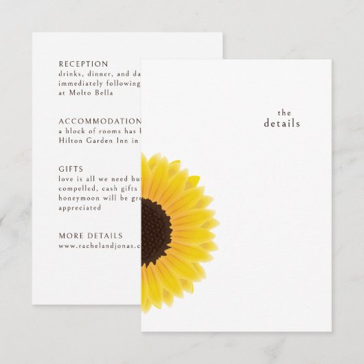 Zonnebloem bruiloft Details Behuizing Kaart (Voorkant / Achterkant)