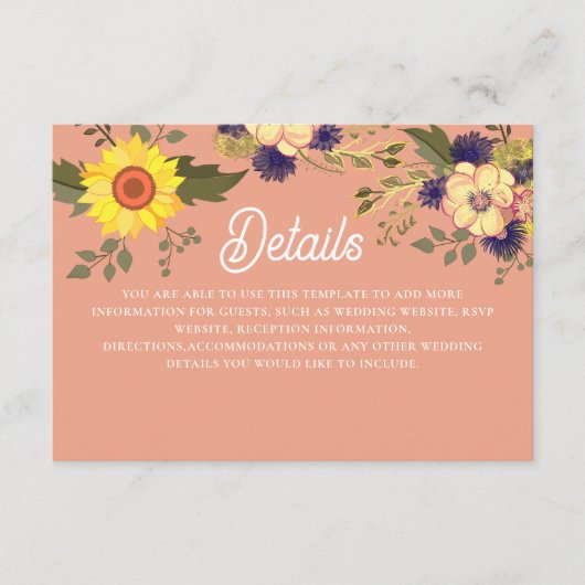 Zonnebloem bruiloft details informatiekaartje (Voorkant)