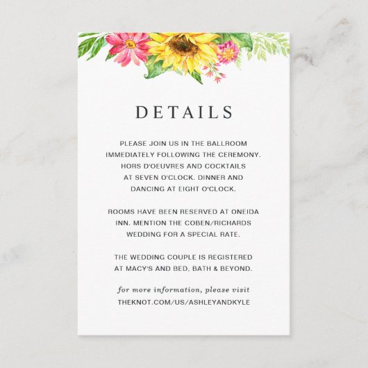 Zonnebloem bruiloft details Kaart (Voorkant)