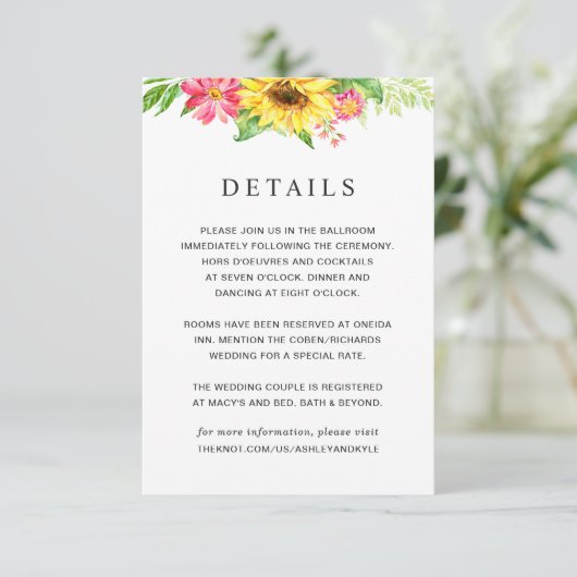 Zonnebloem bruiloft details Kaart (Staand voorkant)