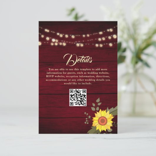 Zonnebloem bruiloft details QR-code Informatiekaartje (Staand voorkant)