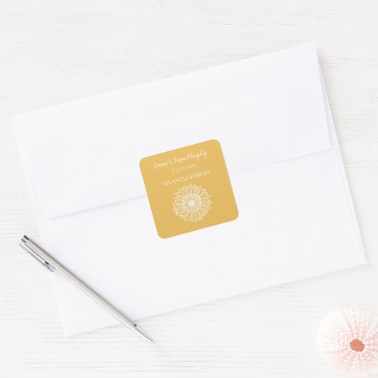 Zonnebloem bruiloft gunst vierkante sticker (Envelop)