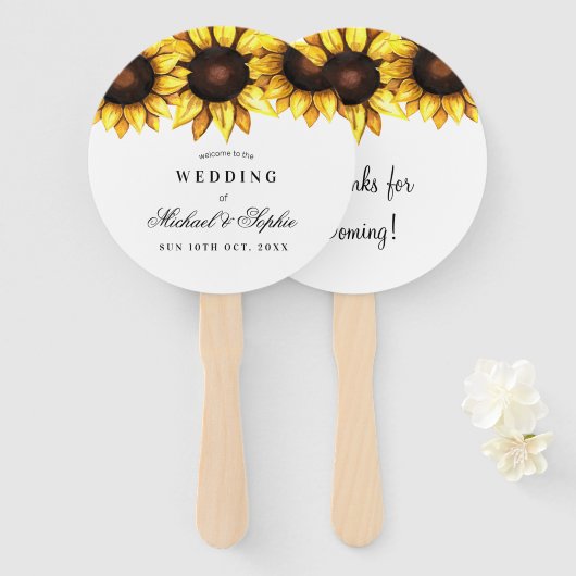 Zonnebloem bruiloft gunst wit geel bloemen fans handwaaier (Voorkant en achterkant)