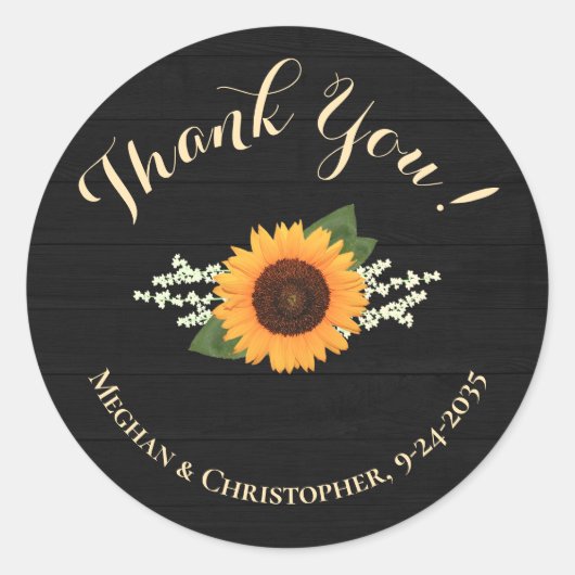 Zonnebloem bruiloft gunst zwart wit hout dank u ronde sticker (Voorkant)