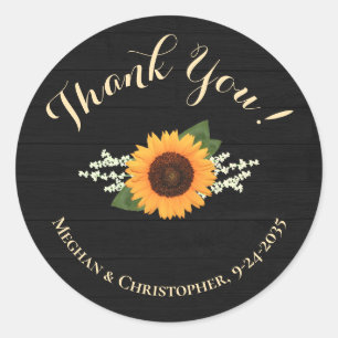 Zonnebloem bruiloft gunst zwart wit hout dank u ronde sticker