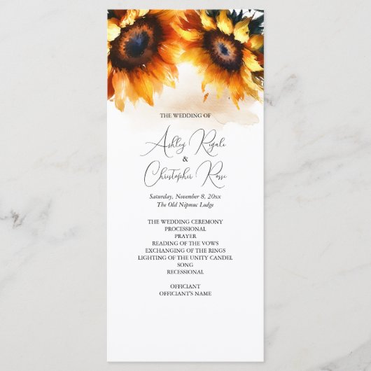 Zonnebloem bruiloft programma - Rustiek Programmakaart (Voorkant)