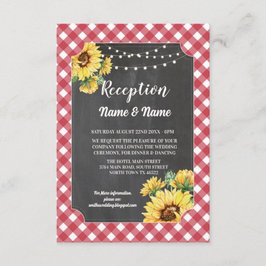 Zonnebloem bruiloft receptie bloemen rood wit informatiekaartje (Voorkant)