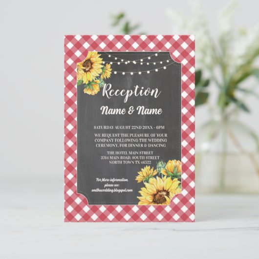 Zonnebloem bruiloft receptie bloemen rood wit informatiekaartje (Staand voorkant)