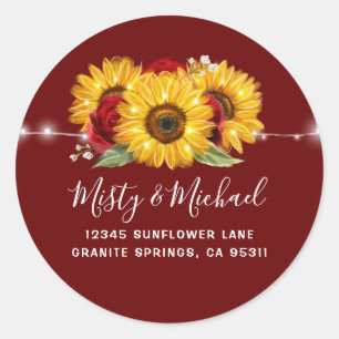 Zonnebloem bruiloft retour adres envelop afdichtin ronde sticker