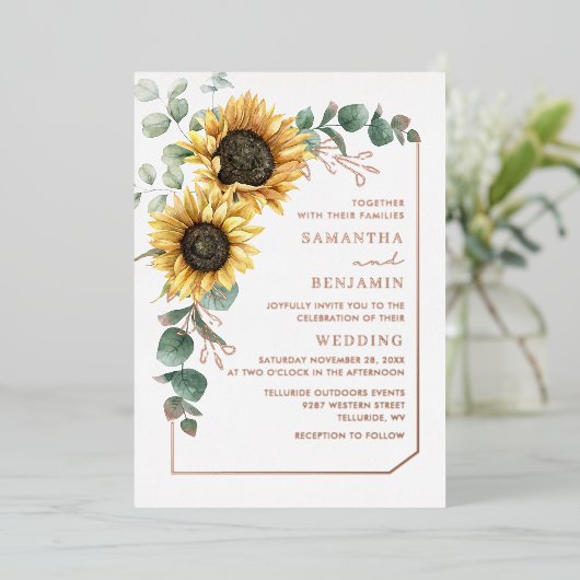 Zonnebloem Bruiloft Roos Goud Folie Uitnodiging (Staand Voorkant)