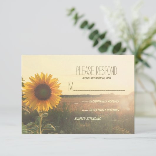  zonnebloem bruiloft RSVP kaarten (Staand voorkant)