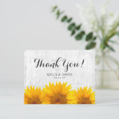Zonnebloem bruiloft rustieke schuur hout dank u briefkaart (Staand voorkant)