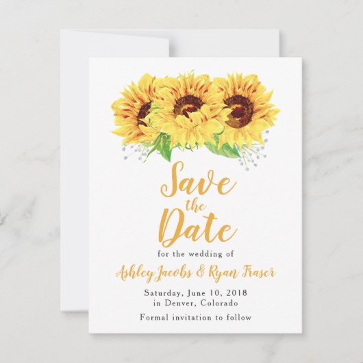 Zonnebloem Bruiloft Save the Date Waterverf Bloeme (Voorkant)