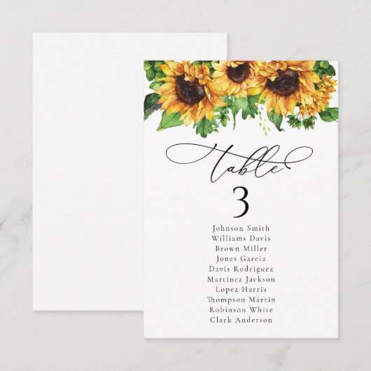 Zonnebloem bruiloft tafel Zitkaart Kaarten (Voorkant / Achterkant)