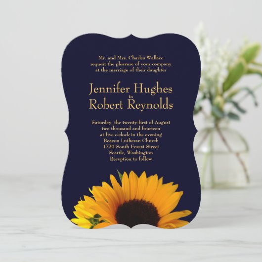 Zonnebloem bruiloft uitnodiging (Navy Blue) (Staand voorkant)