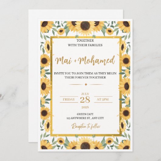 Zonnebloem bruiloft uitnodiging – Rustieke zomer f (Voorkant / Achterkant)