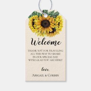 Zonnebloem bruiloft welkomsttas cadeaulabel