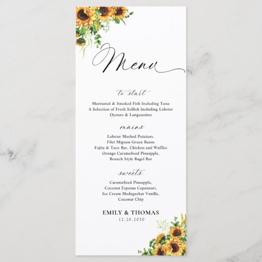 Zonnebloem Bruiloftsmenu Menu (Voorkant)