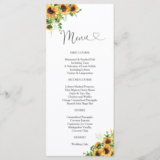 Zonnebloem Bruiloftsmenu Menu (Voorkant)