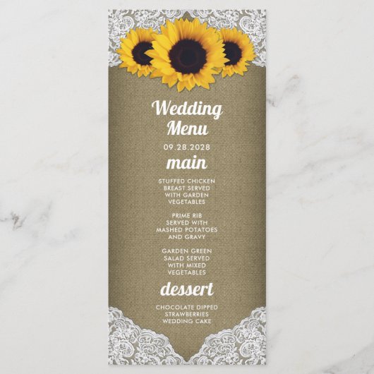 Zonnebloem Bruine Papier en Kant Bruiloftsmenu Kaa Menu (Voorkant)