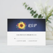 Zonnebloem Bugundy Roos Bloemen Navy Blue Bruiloft RSVP Kaartje (Staand voorkant)