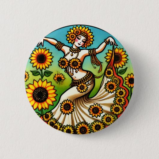 Zonnebloem buikdanser ronde button 5,7 cm (Voorkant)